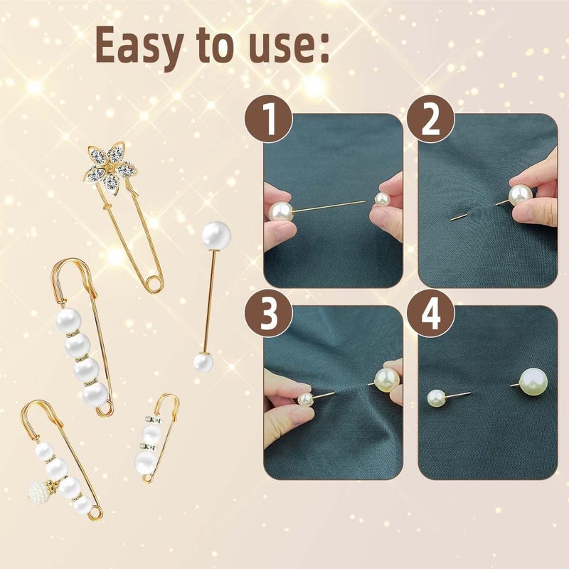 yuntop 5 Pieces Pearl Brooch Safety Pins for Clothes Safety Pin for Women Fashion Sweater Shawl Collar Dresses Cardigan Clips Faux Crystal Pearl Brooches Set for Girls Jewelry Decoration Accessories (Gold) - Image 5